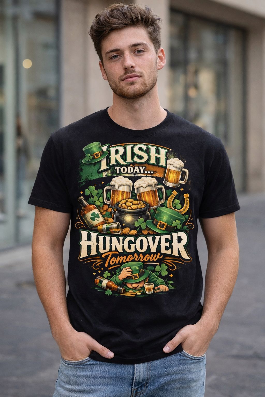 St. Patrick's Day Tee — "Irish Today, Hungover Tomorrow" Beer Graphic Shirt