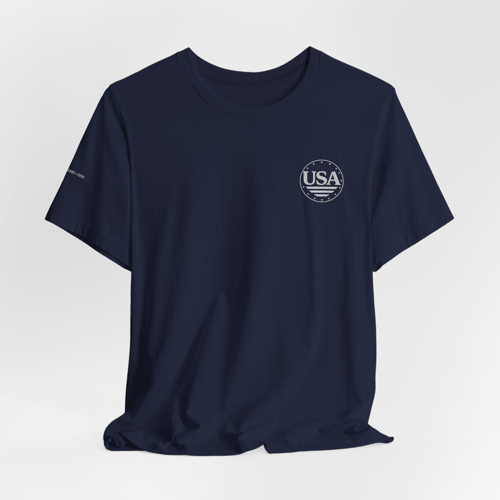 USA Flag Crest T‑Shirt — Patriotic Navy Short Sleeve Tee