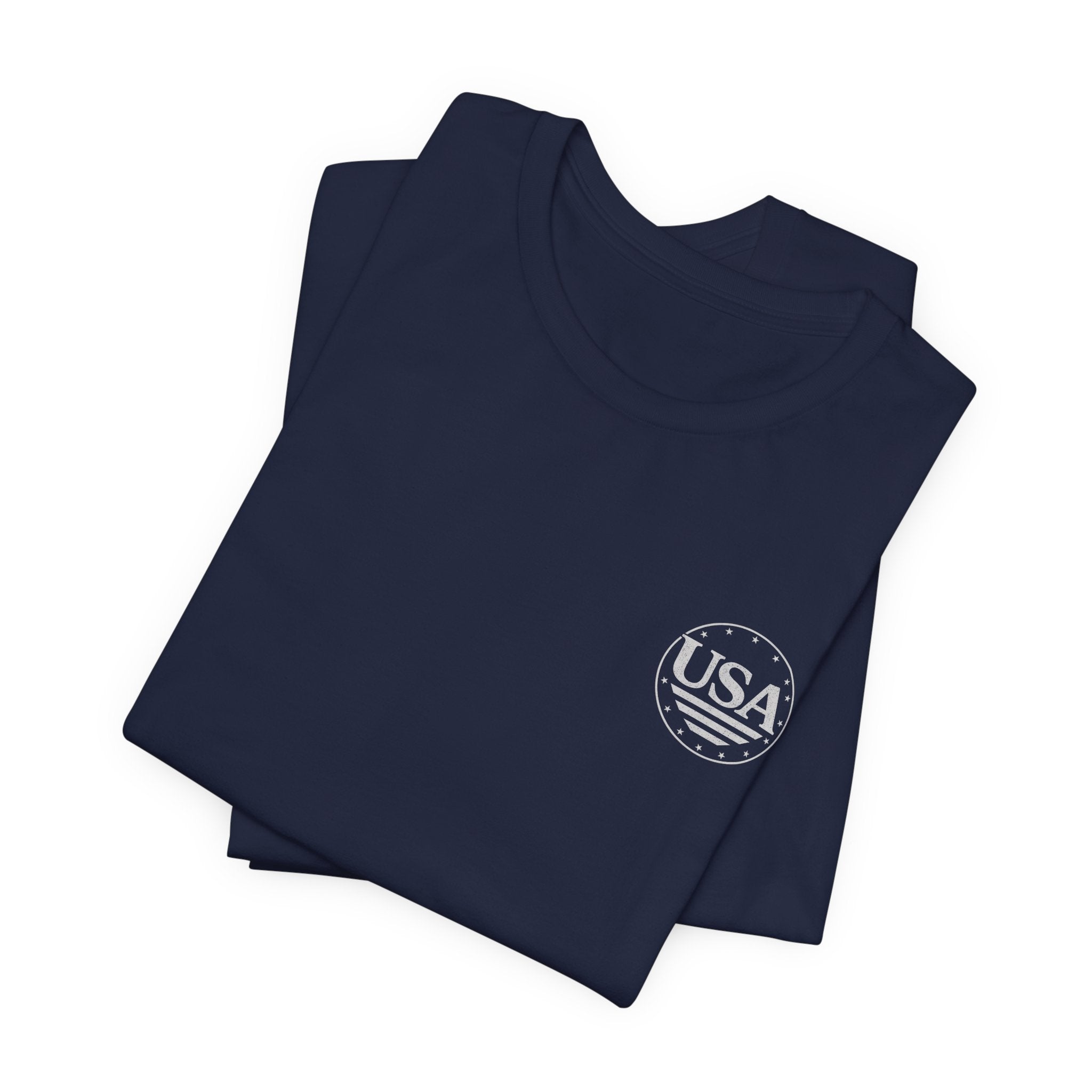 USA Flag Crest T‑Shirt — Patriotic Navy Short Sleeve Tee